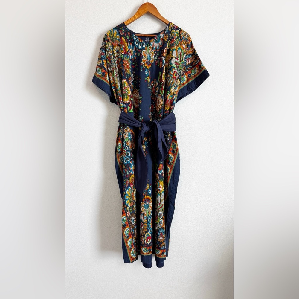 J. Peterman Women's Blue Floral Belted Kaftan Cotton Mumu Size S/M